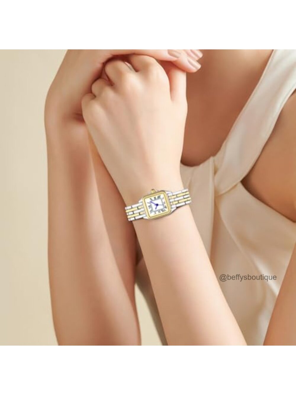Gold Plated Square Watch with Roman Numerals - Small Slim Analog Wristwatch